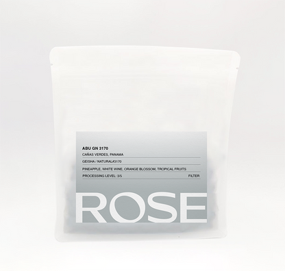 Rose Abu Geisha Anaerobic Natural 3170 coffee bag with silver label