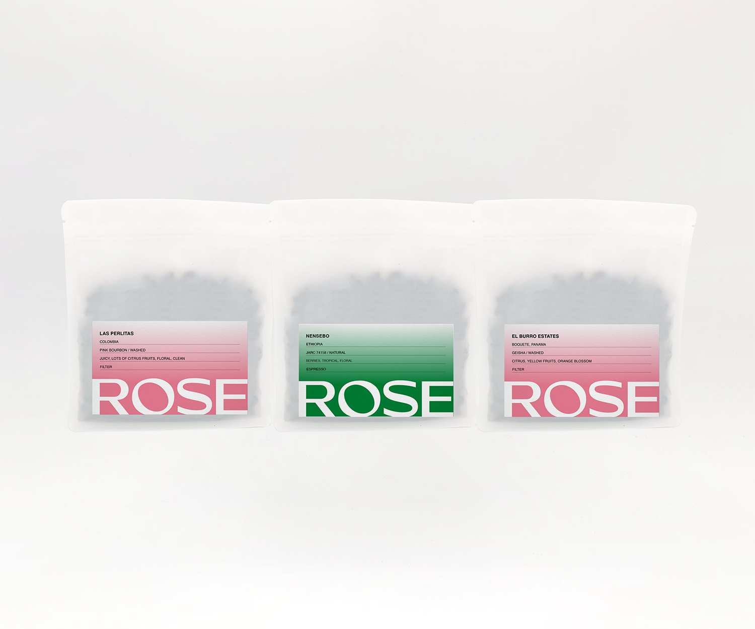Three Rose coffee bags for the Rise With Rose subscription