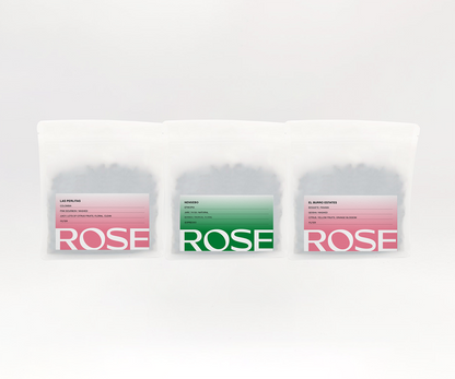 Three Rose coffee bags for the Rise With Rose subscription