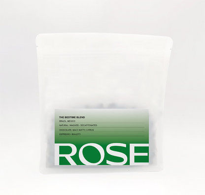 Rose Bedtime Blend decaf coffee bag with green label