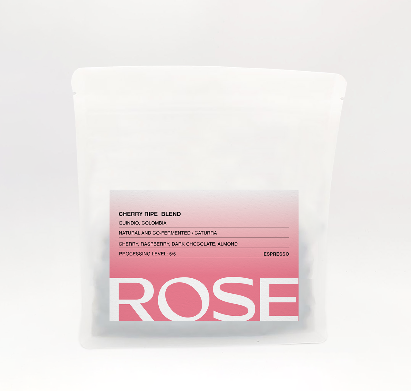 Rose Cherry Ripe espresso blend coffee bag with pink label