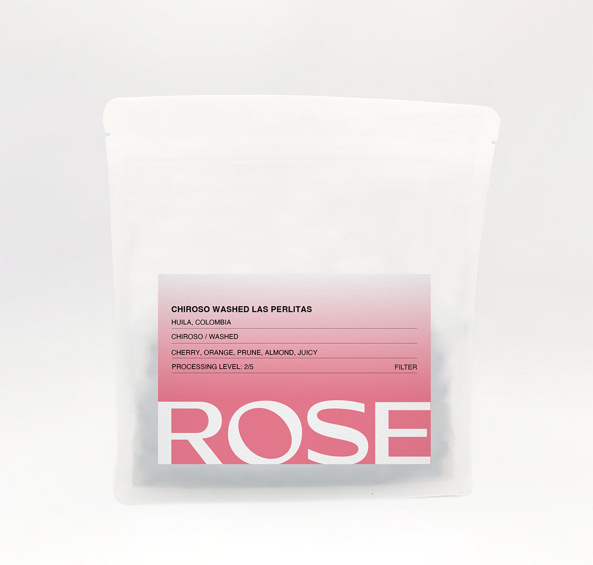 Rose Chiroso Washed Las Perlitas coffee bag with pink label on a light background