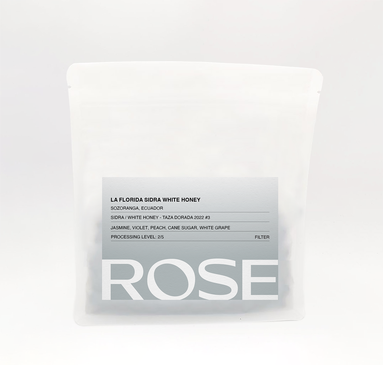 Rose La Florida Sidra White Honey coffee bag with silver label