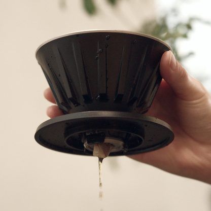 Hand holding a rinsed TIMEMORE Vector dripper as water drains