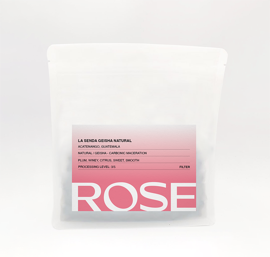 Rose La Senda Natural Anaerobic Geisha coffee bag with pink label